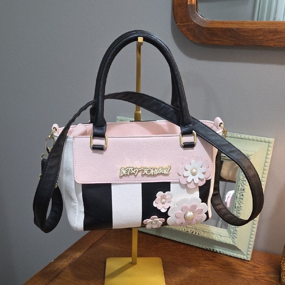 Betsey Johnson Handbags - Betsey Johnson Pink and Black Satchel with Cartoon Accents